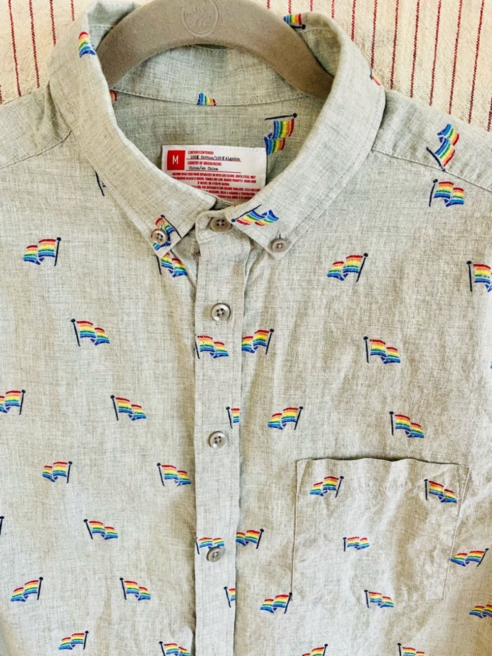 Pride Cotton Short Sleeved Button-Down Shirt with Rainbow Flag Print - Gray